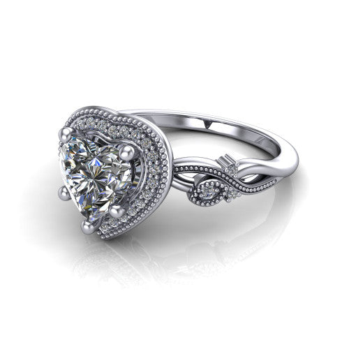 Eliana heart halo engagement ring in 14K White Gold, three-quarter perspective showing the milgrain-edged halo center above vintage filigree scroll shoulders