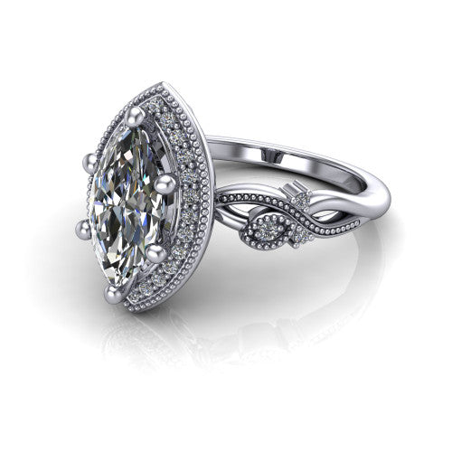 Eliana marquise halo engagement ring in 18K White Gold, three-quarter perspective showing the milgrain-edged halo center above vintage filigree scroll shoulders