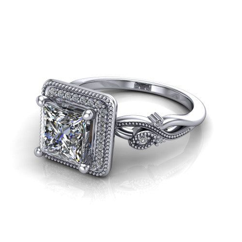 Eliana princess halo engagement ring in 14K White Gold, three-quarter perspective showing the milgrain-edged halo center above vintage filigree scroll shoulders