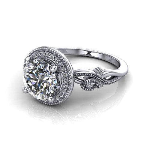 Eliana round halo engagement ring in 14K White Gold, three-quarter perspective showing the milgrain-edged halo center above vintage filigree scroll shoulders