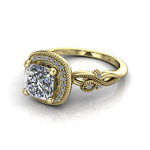 Eliana cushion halo engagement ring in 14K Yellow Gold, three-quarter perspective showing the milgrain-edged halo center above vintage filigree scroll shoulders