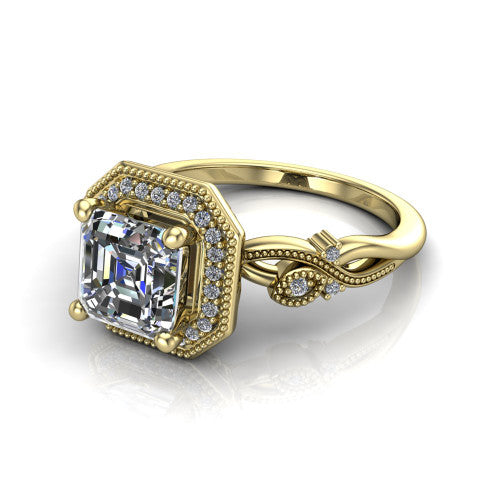 Eliana asscher halo engagement ring in 18K Yellow Gold, three-quarter perspective showing the milgrain-edged halo center above vintage filigree scroll shoulders