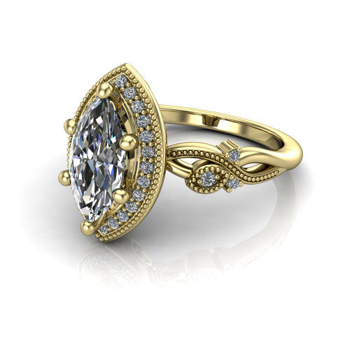 Eliana marquise halo engagement ring in 14K Yellow Gold, three-quarter perspective showing the milgrain-edged halo center above vintage filigree scroll shoulders