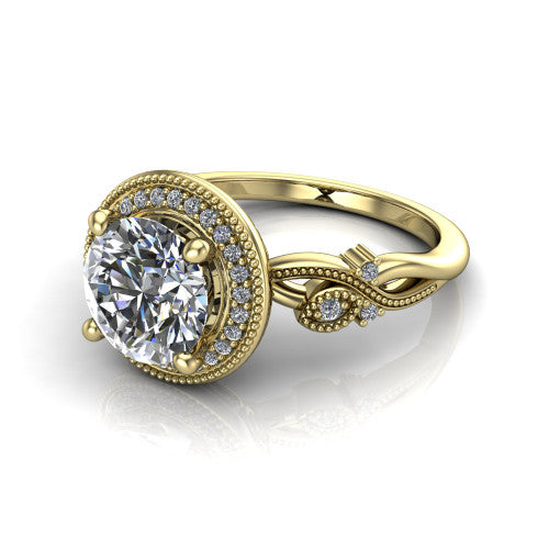 Eliana round halo engagement ring in 14K Yellow Gold, three-quarter perspective showing the milgrain-edged halo center above vintage filigree scroll shoulders