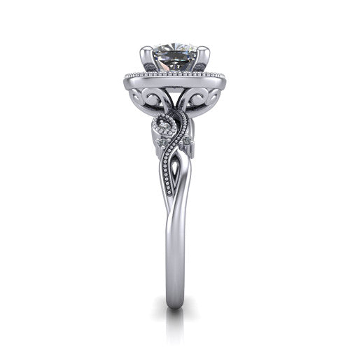 Eliana cushion halo engagement ring in 18K White Gold, side profile showing the open filigree scrollwork along the shoulders of the band