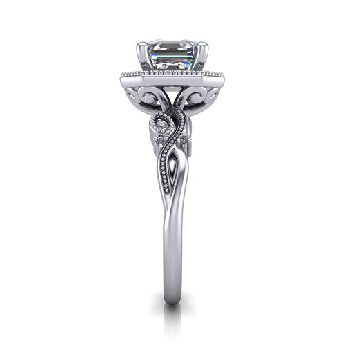 Eliana emerald halo engagement ring in Platinum, side profile showing the open filigree scrollwork along the shoulders of the band