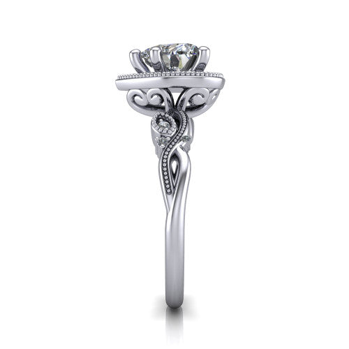 Eliana heart halo engagement ring in 18K White Gold, side profile showing the open filigree scrollwork along the shoulders of the band