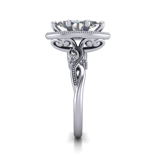 Eliana marquise halo engagement ring in 18K White Gold, side profile showing the open filigree scrollwork along the shoulders of the band