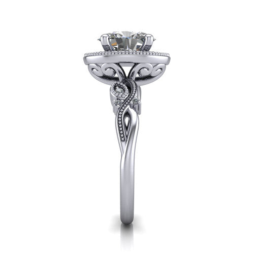 Eliana oval halo engagement ring in Platinum, side profile showing the open filigree scrollwork along the shoulders of the band