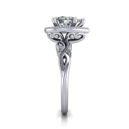 Eliana pear halo engagement ring in 14K White Gold, side profile showing the open filigree scrollwork along the shoulders of the band