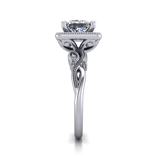 Eliana princess halo engagement ring in Platinum, side profile showing the open filigree scrollwork along the shoulders of the band