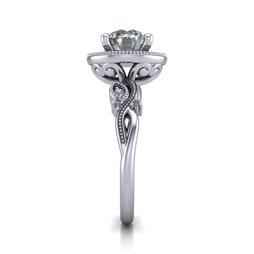 Eliana round halo engagement ring in 14K White Gold, side profile showing the open filigree scrollwork along the shoulders of the band