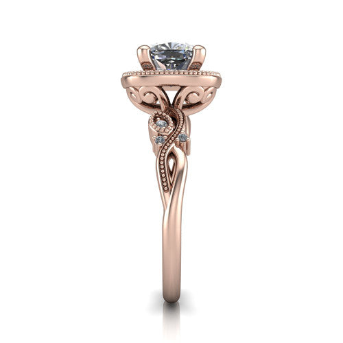 Eliana cushion halo engagement ring in 18K Rose Gold, side profile showing the open filigree scrollwork along the shoulders of the band