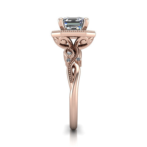 Eliana emerald halo engagement ring in 14K Rose Gold, side profile showing the open filigree scrollwork along the shoulders of the band