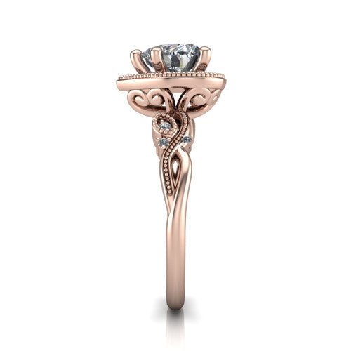 Eliana heart halo engagement ring in 18K Rose Gold, side profile showing the open filigree scrollwork along the shoulders of the band