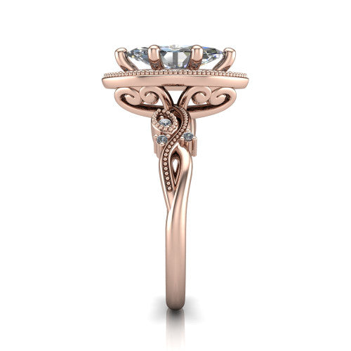 Eliana marquise halo engagement ring in 14K Rose Gold, side profile showing the open filigree scrollwork along the shoulders of the band