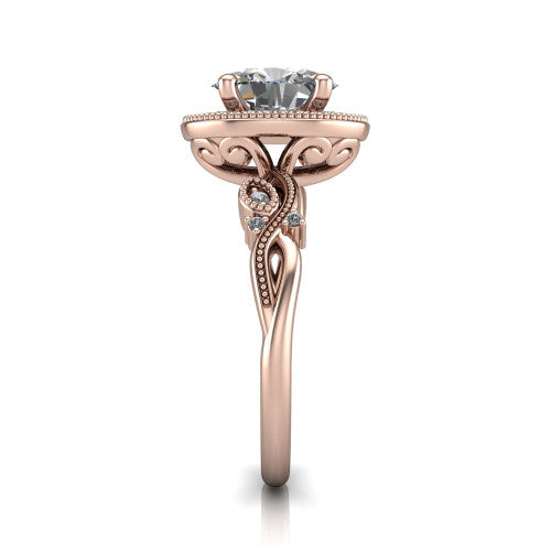 Eliana oval halo engagement ring in 18K Rose Gold, side profile showing the open filigree scrollwork along the shoulders of the band