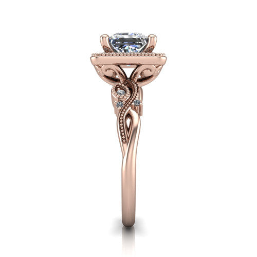 Eliana princess halo engagement ring in 18K Rose Gold, side profile showing the open filigree scrollwork along the shoulders of the band