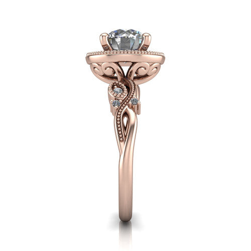 Eliana round halo engagement ring in 14K Rose Gold, side profile showing the open filigree scrollwork along the shoulders of the band