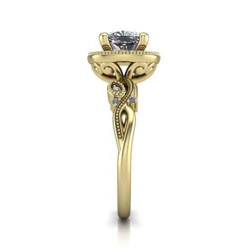 Eliana cushion halo engagement ring in 14K Yellow Gold, side profile showing the open filigree scrollwork along the shoulders of the band