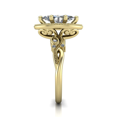 Eliana marquise halo engagement ring in 18K Yellow Gold, side profile showing the open filigree scrollwork along the shoulders of the band