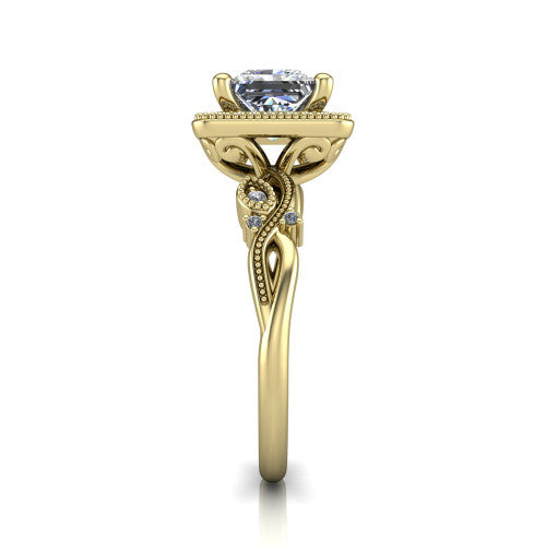 Eliana princess halo engagement ring in 18K Yellow Gold, side profile showing the open filigree scrollwork along the shoulders of the band