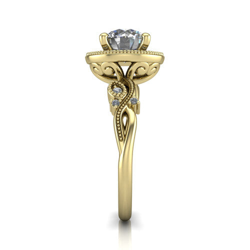 Eliana round halo engagement ring in 14K Yellow Gold, side profile showing the open filigree scrollwork along the shoulders of the band
