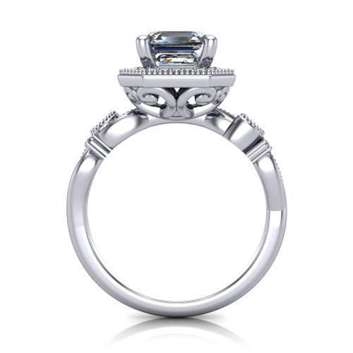Eliana emerald halo engagement ring in 18K White Gold, through-finger front profile showing the halo head raised above the filigree scroll shoulders