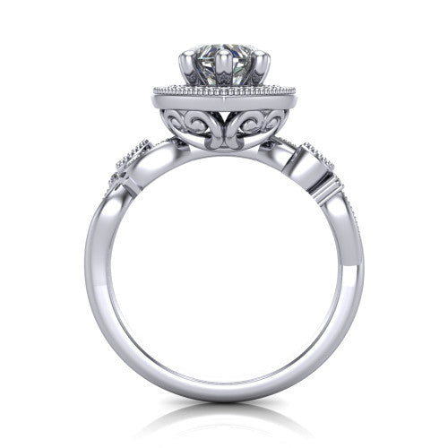 Eliana heart halo engagement ring in 18K White Gold, through-finger front profile showing the halo head raised above the filigree scroll shoulders