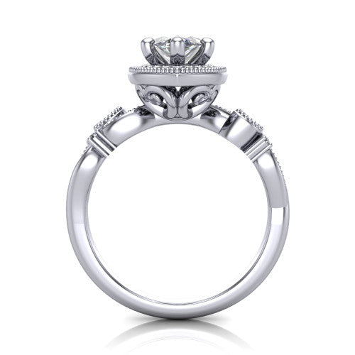 Eliana marquise halo engagement ring in Platinum, through-finger front profile showing the halo head raised above the filigree scroll shoulders