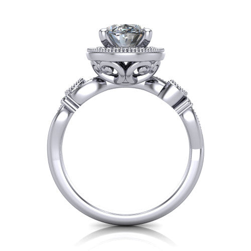 Eliana oval halo engagement ring in 18K White Gold, through-finger front profile showing the halo head raised above the filigree scroll shoulders