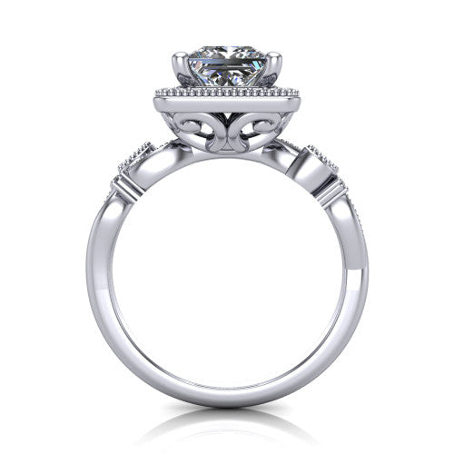 Eliana princess halo engagement ring in 18K White Gold, through-finger front profile showing the halo head raised above the filigree scroll shoulders