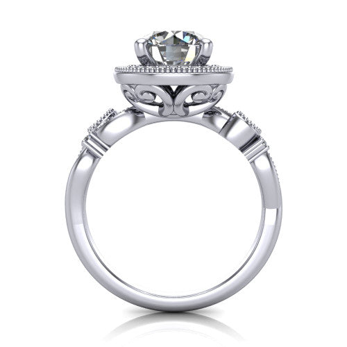 Eliana round halo engagement ring in Platinum, through-finger front profile showing the halo head raised above the filigree scroll shoulders