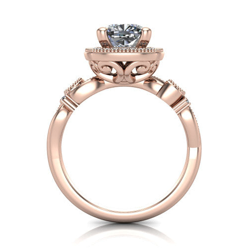 Eliana cushion halo engagement ring in 14K Rose Gold, through-finger front profile showing the halo head raised above the filigree scroll shoulders
