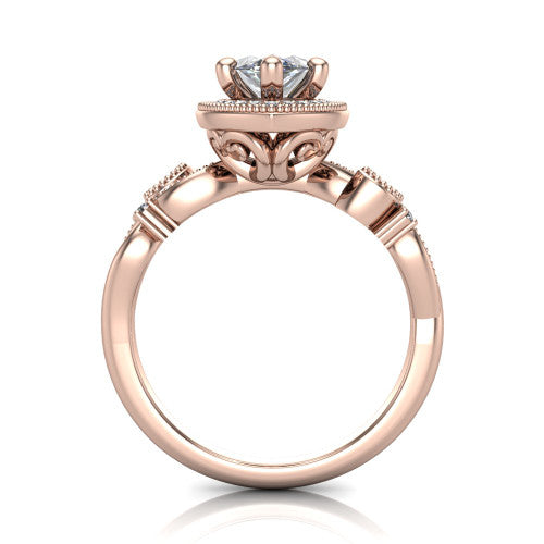 Eliana marquise halo engagement ring in 14K Rose Gold, through-finger front profile showing the halo head raised above the filigree scroll shoulders