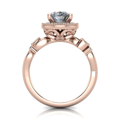 Eliana oval halo engagement ring in 18K Rose Gold, through-finger front profile showing the halo head raised above the filigree scroll shoulders