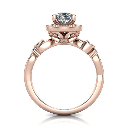 Eliana pear halo engagement ring in 18K Rose Gold, through-finger front profile showing the halo head raised above the filigree scroll shoulders