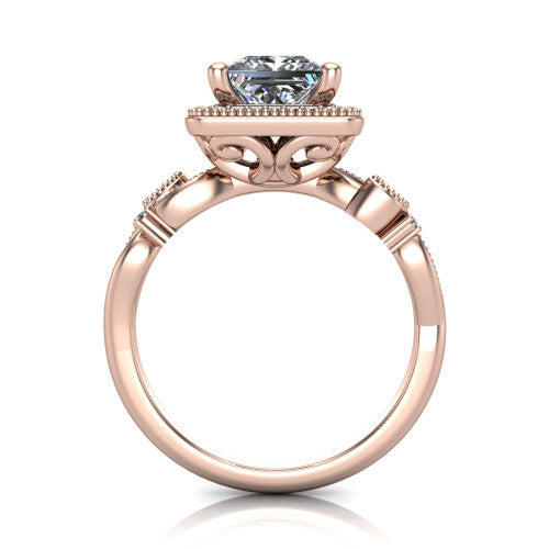 Eliana princess halo engagement ring in 14K Rose Gold, through-finger front profile showing the halo head raised above the filigree scroll shoulders