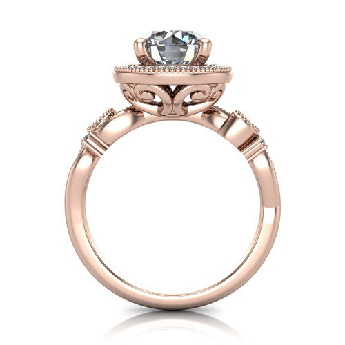 Eliana round halo engagement ring in 14K Rose Gold, through-finger front profile showing the halo head raised above the filigree scroll shoulders