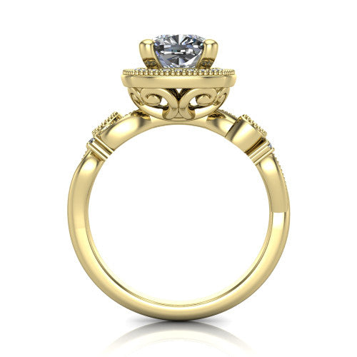 Eliana cushion halo engagement ring in 14K Yellow Gold, through-finger front profile showing the halo head raised above the filigree scroll shoulders