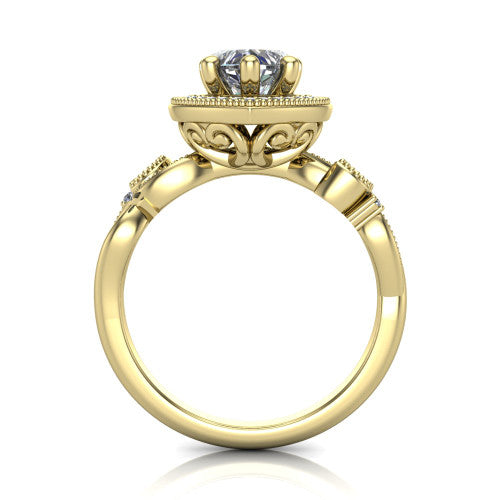 Eliana heart halo engagement ring in 18K Yellow Gold, through-finger front profile showing the halo head raised above the filigree scroll shoulders