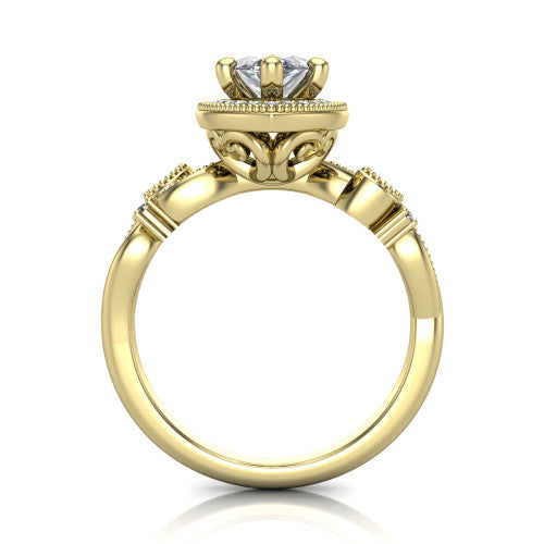 Eliana marquise halo engagement ring in 14K Yellow Gold, through-finger front profile showing the halo head raised above the filigree scroll shoulders