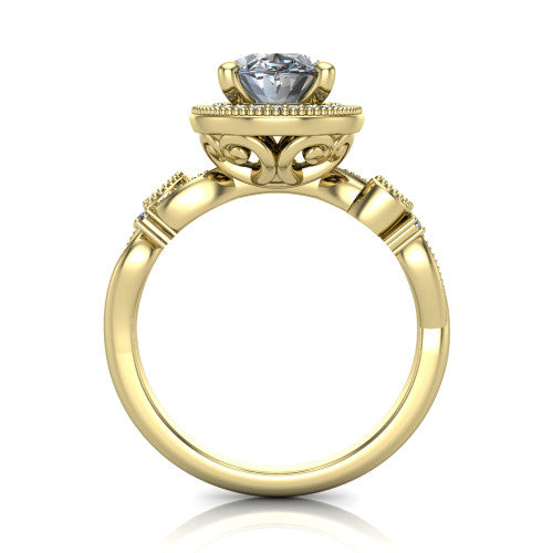 Eliana oval halo engagement ring in 18K Yellow Gold, through-finger front profile showing the halo head raised above the filigree scroll shoulders