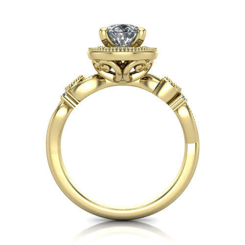 Eliana pear halo engagement ring in 18K Yellow Gold, through-finger front profile showing the halo head raised above the filigree scroll shoulders