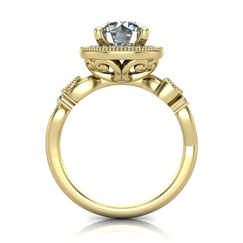 Eliana round halo engagement ring in 14K Yellow Gold, through-finger front profile showing the halo head raised above the filigree scroll shoulders