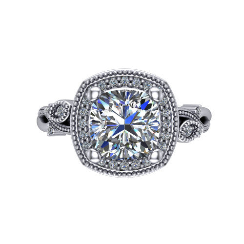 Eliana cushion halo engagement ring in Platinum, top-down view showing the center diamond framed by a milgrain-edged pav&eacute; halo