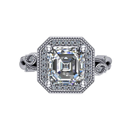 Eliana emerald halo engagement ring in Platinum, top-down view showing the center diamond framed by a milgrain-edged pav&eacute; halo