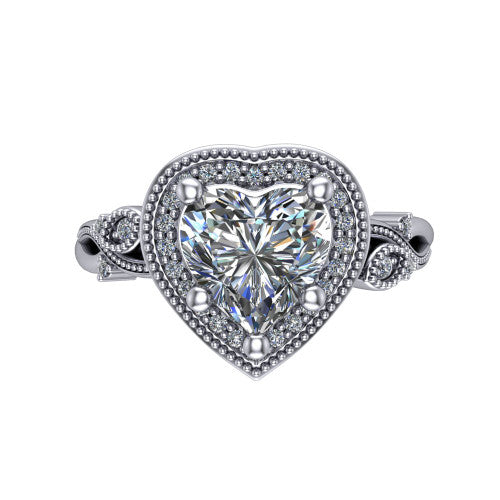 Eliana heart halo engagement ring in Platinum, top-down view showing the center diamond framed by a milgrain-edged pav&eacute; halo