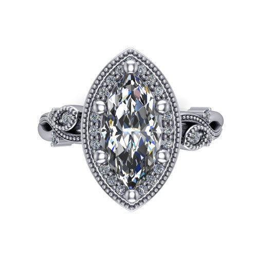 Eliana marquise halo engagement ring in Platinum, top-down view showing the center diamond framed by a milgrain-edged pav&eacute; halo