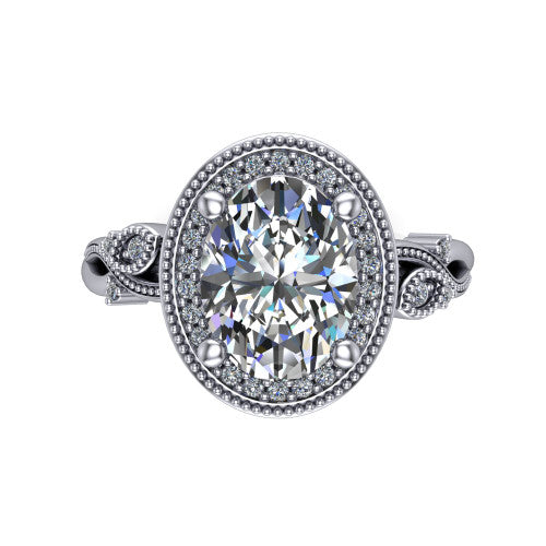 Eliana oval halo engagement ring in 14K White Gold, top-down view showing the center diamond framed by a milgrain-edged pav&eacute; halo